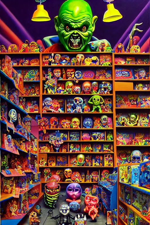 Image similar to a hyperrealistic painting of a toy store full of evil possessed toys retail horror, cinematic horror by chris cunningham, lisa frank, richard corben, highly detailed, vivid color,