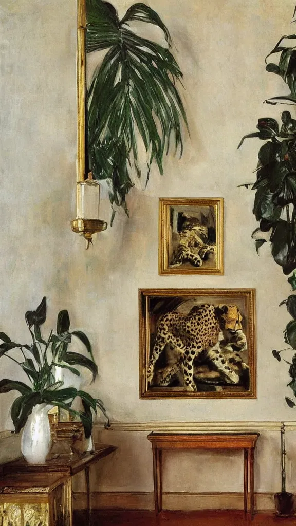 Prompt: a cheetah in vintage room, 3 frames hanging out of wall, pot of palms painting by john singer sargent