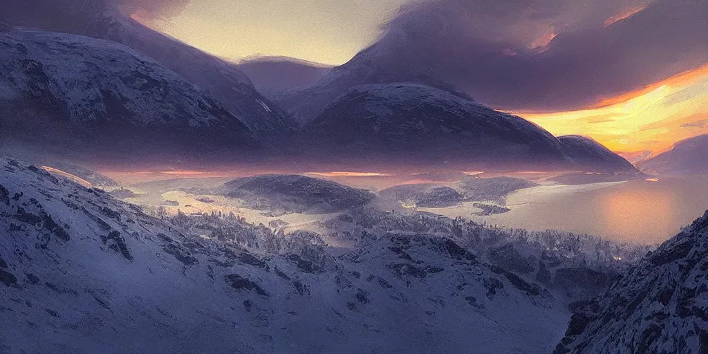 Prompt: “snow covered fjords in norway at dusk by Alena Aenami and Marc Simonetti, matte painting, Hudson River school”