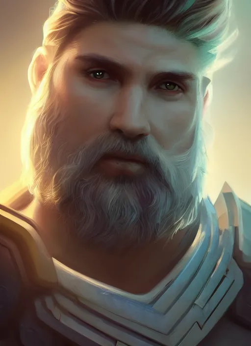 Image similar to comic book style portrait painting of an aasimar paladin, male, big angel wings on back, silver hair, short brown beard, d & d concept art, unreal 5, daz, teal aesthetic, octane render, cosplay, rpg portrait, dynamic lighting