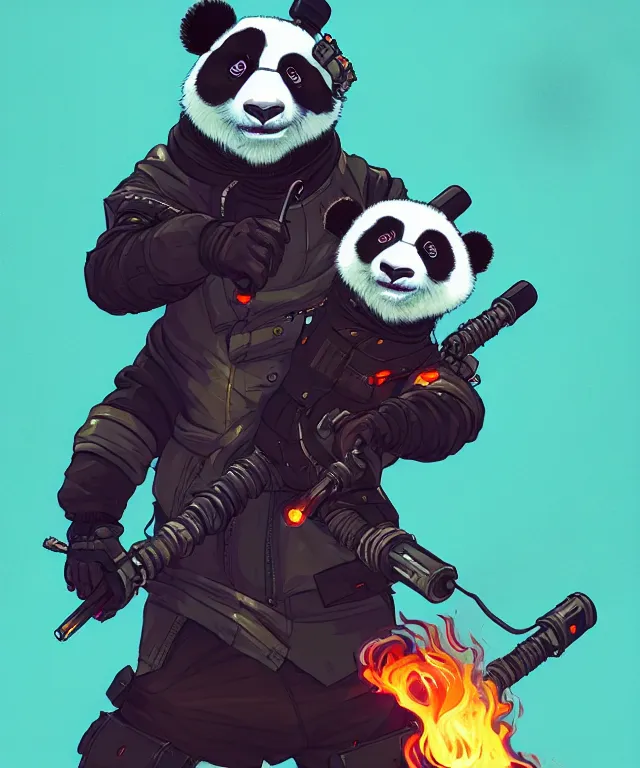 Image similar to a portrait of a cyberpunk panda holding two flamethrowers, fantasy, elegant, digital painting, artstation, concept art, matte, sharp focus, illustration, art by josan gonzalez