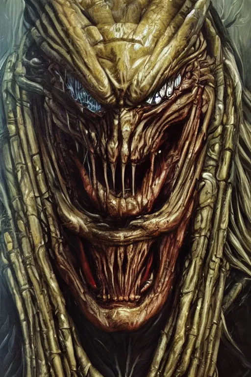 Image similar to Predator Donald Trump, oil on canvas, extremely detailed, artstation, by HR giger