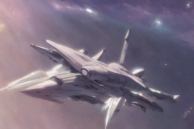 Image similar to 2 0 0 1 space odyssy space fighter jet in orbit by greg rutkowski makoto shinkai takashi takeuchi studio ghibli, akihiko yoshida