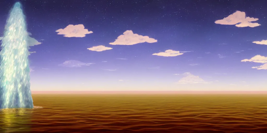 Image similar to a cell - shaded studio ghibli concept art study of a square dimensional time portal in the air over a flooded desert on a misty starry night. a waterfall is flowing out of the portal. very dull colors, hd, 4 k, hq