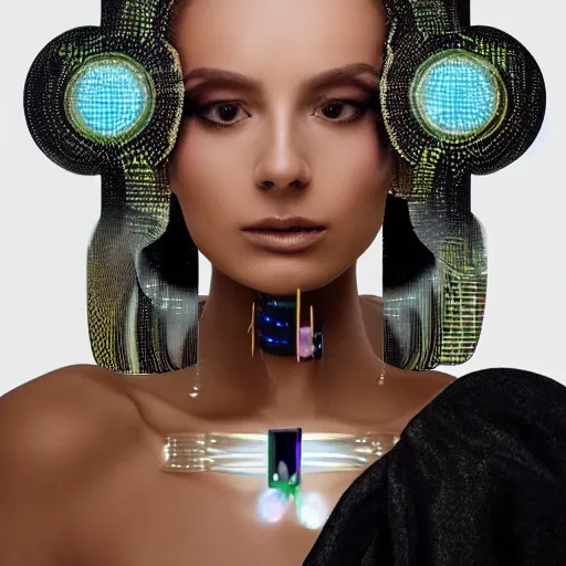 Image similar to portrait of a beautiful futuristic woman layered with high-tech jewelry wrapping around her face and head, 2067