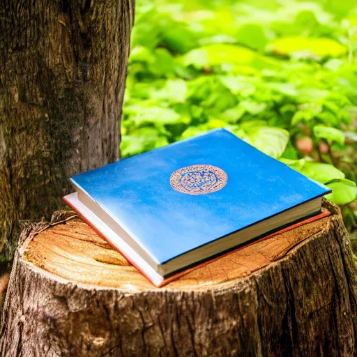 Image similar to a blue leather bound book, standing open on a wooden stump in a jungle, vines growing around