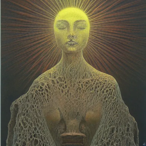 Image similar to the queen of the sun by zdzisław beksiński, full body, oil on canvas, intricately detailed artwork, full 8k high quality resolution, recently just found unknown masterpiece