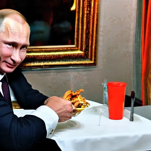 Image similar to Vladimir Putin enjoying dixie chicken after a long party, photo, iphone, camera