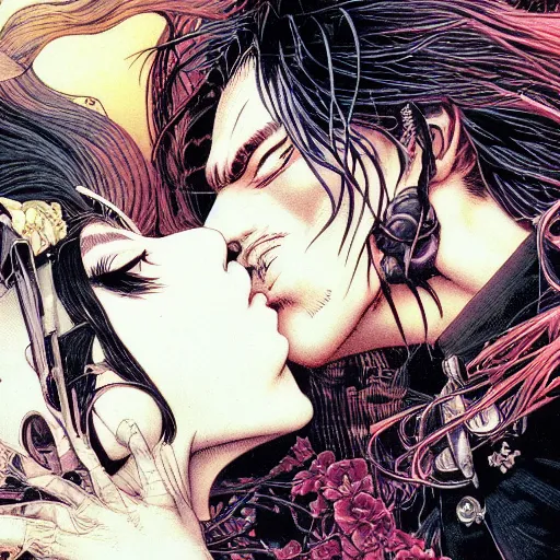 Image similar to closeup of vampire kiss, by yoichi hatakenaka, masamune shirow, josan gonzales and dan mumford, ayami kojima, takato yamamoto, karol bak