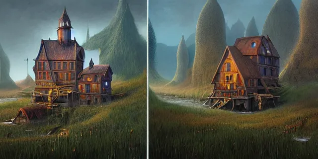 Prompt: painting costal villages overrun with weeping willows surrounded by a swap by tomasz alen kopera and cornelius dammrich with futuristic wood castle by eddie jones and simon stahlenhag