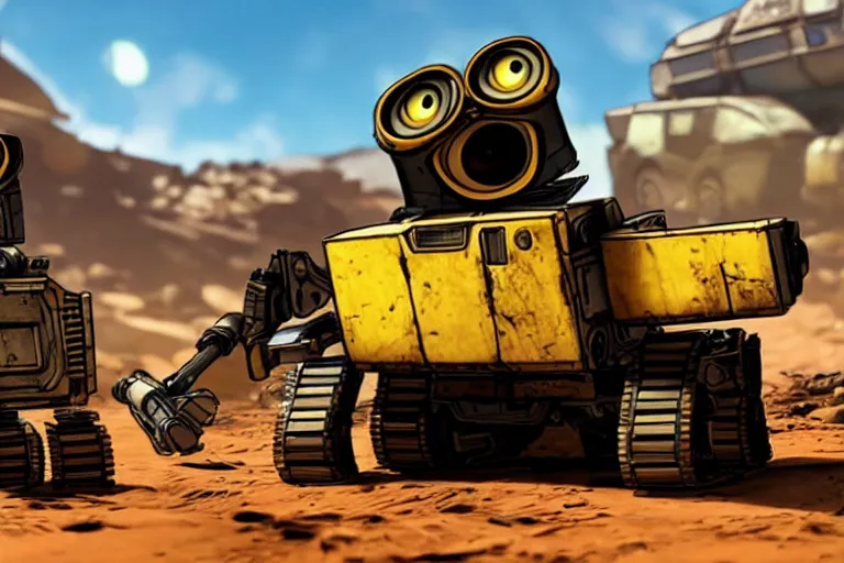 Image similar to wall - e in borderlands style game, heavy detailed, ultra high definition quality, borderlands game engine graphics