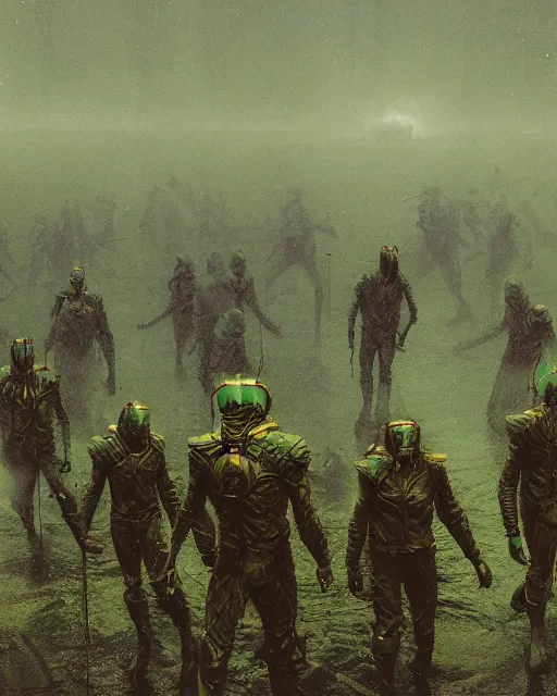 Prompt: group of sardaukar soldiers in a chlorine swamp, green hour, retrofuturism sci - fi old movie, highly detailed, photorealistic, 8 k, by beksinski and stalenhag