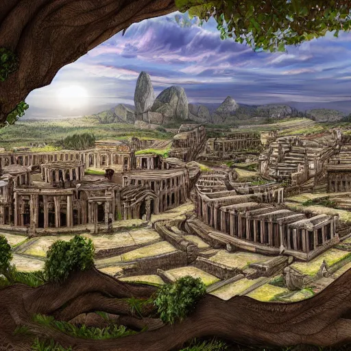 Image similar to sprawling roman city built in the roots of a collosal tree, wide shot, digital art, detailed, fantasy