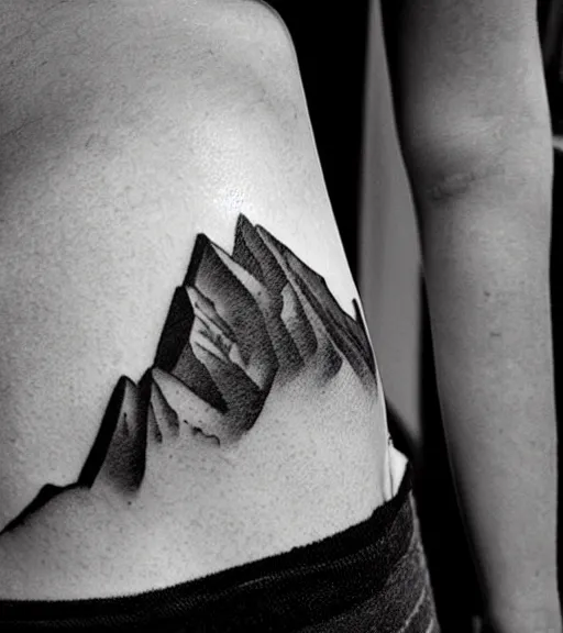 Image similar to tattoo design sketch of a beautiful girl with a faded mountain background, in the style of den yakovlev, black and white, realism tattoo, hyper realistic, highly detailed