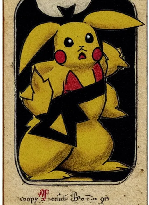 Image similar to creepy pikachu Pokémon card from the 1700s