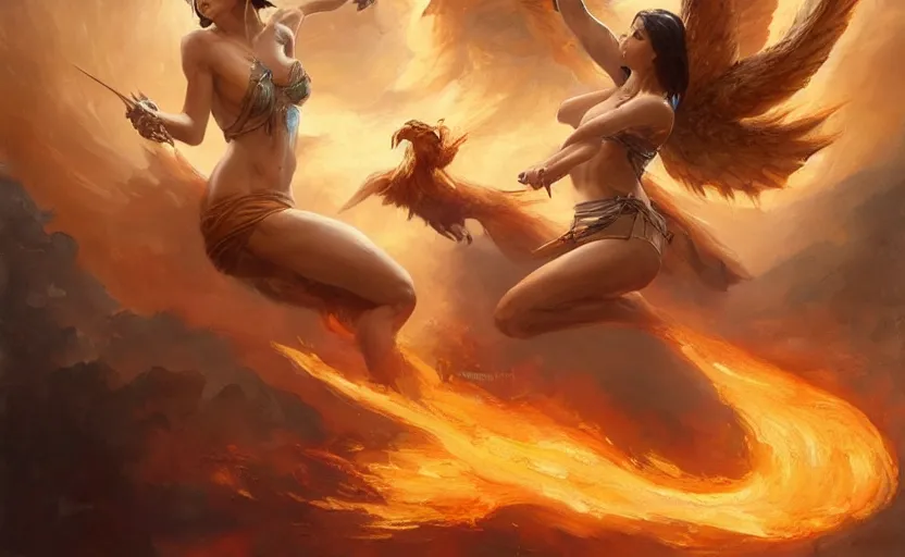 Image similar to A beautiful oil painting of an attractive young woman fighting a phoenix, by Lucas Graciano, Frank Frazetta, Greg Rutkowski, Boris Vallejo, epic fantasy character art, high fantasy, Exquisite detail, post-processing, low angle, masterpiece, cinematic