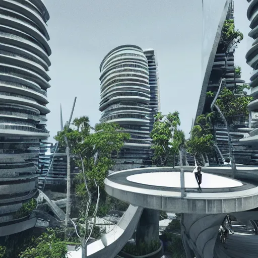 Image similar to scifi architecture, city, sustainable, ecology, green, parametric, brutal, concrete, people, realistic, octane render.