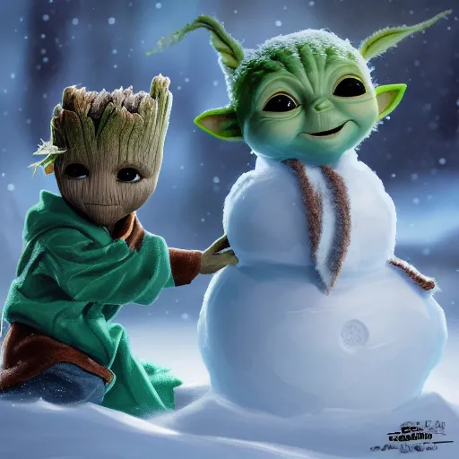 Prompt: Baby Groot and Baby Yoda are building a snowman together, hyperdetailed, artstation, cgsociety, 8k