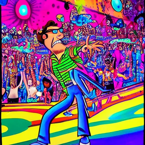 Image similar to high detailed painting of the adult version Otto Rocket dancing at a psychedelic rave