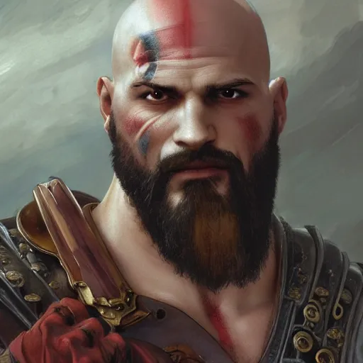 Image similar to Kratos, highly detailed, digital painting, artstation, concept art, smooth, sharp focus, illustration, ArtStation, art by artgerm and greg rutkowski and alphonse mucha and J. C. Leyendecker and Edmund Blair Leighton and Katsuhiro Otomo and Geof Darrow and Phil hale and Ashley wood and Ilya repin and Charlie Bowater