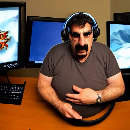 Image similar to obese Frank Zappa wearing a headset yelling at his monitor while playing WoW highly detailed wide angle lens 10:9 aspect ration award winning photography