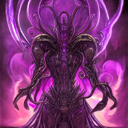Prompt: explosion of purple eldritch energy. a grenade made of magic is exploding. tentacles of hyperspace horrors are crawling into reality. digital fantasy art, featured on artstation, daily deviation, by h. r. giger and gerald brom