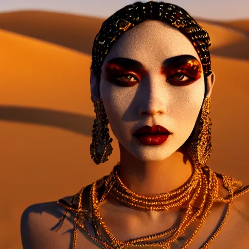 Image similar to giesha demon, innovative avant - garde art, deco fashion, asian desert nomad women, highly detailed, photorealistic portrait, serene desert setting, golden hour, crisp quality and light reflections, octane render