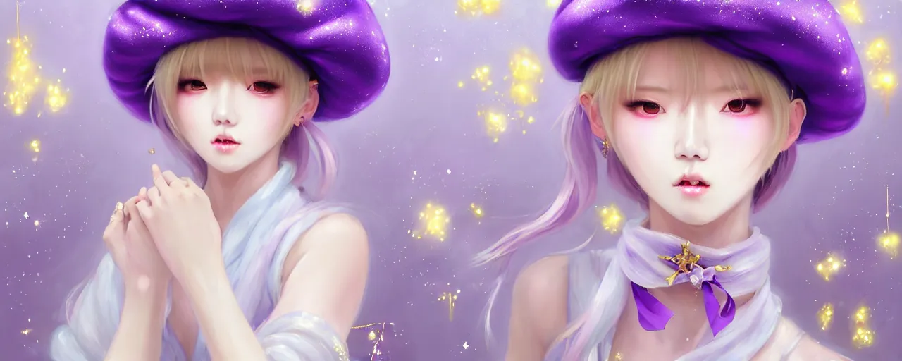 Image similar to Full View of a mysterious kpop fairy maidens with short blond hair wearing an oversized purple Beret, Baggy Purple overall shorts, Short Puffy pants made of silk, silk shoes, a big billowy scarf, Golden Ribbons, white leggings Covered in stars. Short Hair. peasant magic. masterpiece 4k digital illustration by Ruan Jia and Mandy Jurgens and Artgerm and william-adolphe bouguereau, award winning, Artstation, art nouveau aesthetic, Alphonse Mucha background, intricate details, realistic, panoramic view, Hyperdetailed, 8k resolution, intricate art nouveau, smooth, sharp focus