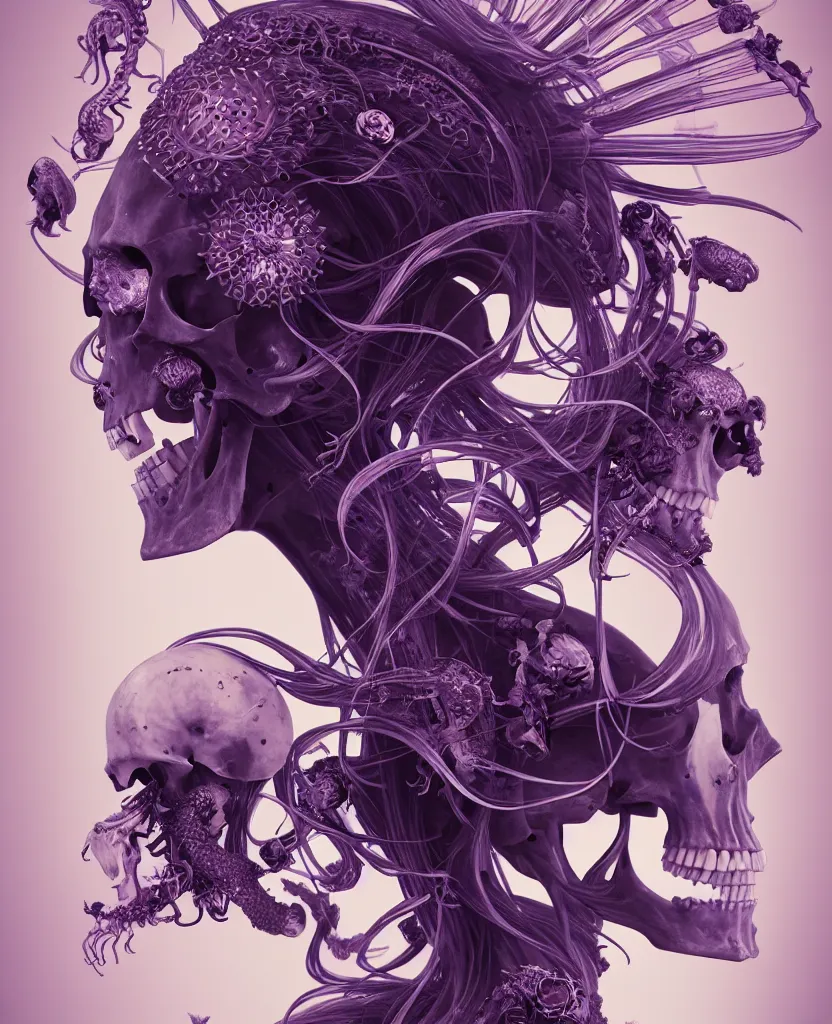 Image similar to goddess close-up portrait skull with mohawk, ram skull, skeleton, thorax, x-ray, backbone, jellyfish phoenix head, nautilus, orchid, skull, betta fish, bioluminiscent creatures, intricate artwork by Tooth Wu and wlop and beeple. octane render, trending on artstation, greg rutkowski very coherent symmetrical artwork. cinematic, hyper realism, high detail, octane render, 8k