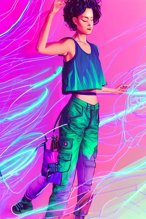 Image similar to a award winning half body portrait of a beautiful woman in a croptop and cargo pants with ombre purple pink teal hairstyle and hands in pockets by ari liloan, surrounded by whirling illuminated lines, outrun, vaporware, shaded flat illustration, digital art, trending on artstation, highly detailed, fine detail, intricate