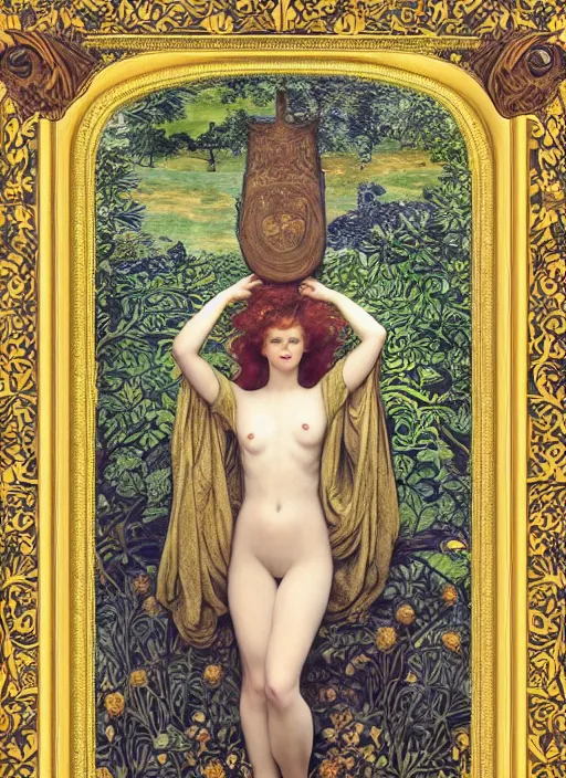 Image similar to masterpiece beautiful seductive flowing curves pose preraphaelite portrait photography, extreme closeup shot, straight bangs, thick set features, yellow ochre ornate medieval dress, amongst foliage mushroom forest arch, circle, william morris and kilian eng and mucha, framed, 4 k