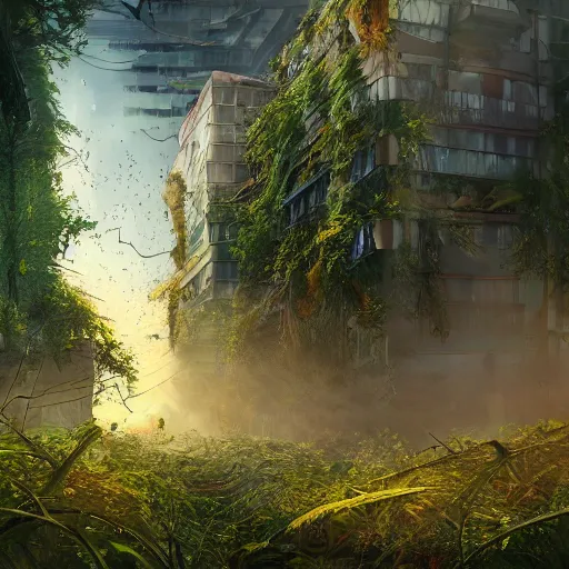 Image similar to overgrown foliage overtaking tall destroyed buildings, biopunk, scenery, professional, award - winning, trending on artstation, detailed, realistic, beautiful, emotional, shiny, golden, picture, antview, close - up