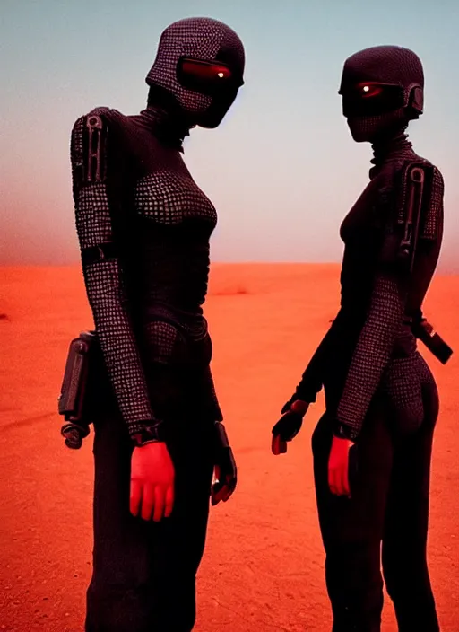 Image similar to cinestill 5 0 d photographic portrait by steve mccurry of two loving female androids wearing rugged black mesh techwear on a desolate plain with a red sky, extreme closeup, cyberpunk style, dust storm, 8 k, hd, high resolution, 3 5 mm, f / 3 2, ultra realistic faces, ex machina, blade runner