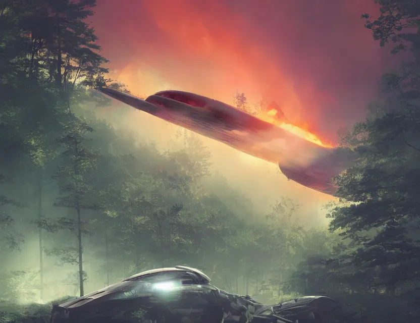 Prompt: crashed transportation spaceship into a clearing in a forest, fire and smoke, focus is the ship. Very vibrant colors, soft lighting, adventurous, atmospheric lighting, 8K, octane render. By Makoto Shinkai, Stanley Artgerm Lau, WLOP, Rossdraws, James Jean, Andrei Riabovitchev, Marc Simonetti, krenz cushart, Sakimichan, D&D trending on ArtStation, digital art.