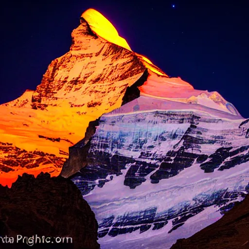 Image similar to an epic photo at nighttime of the matterhorn in the colors of indian flag, projection, illuminated on the matterhorn mountain at night