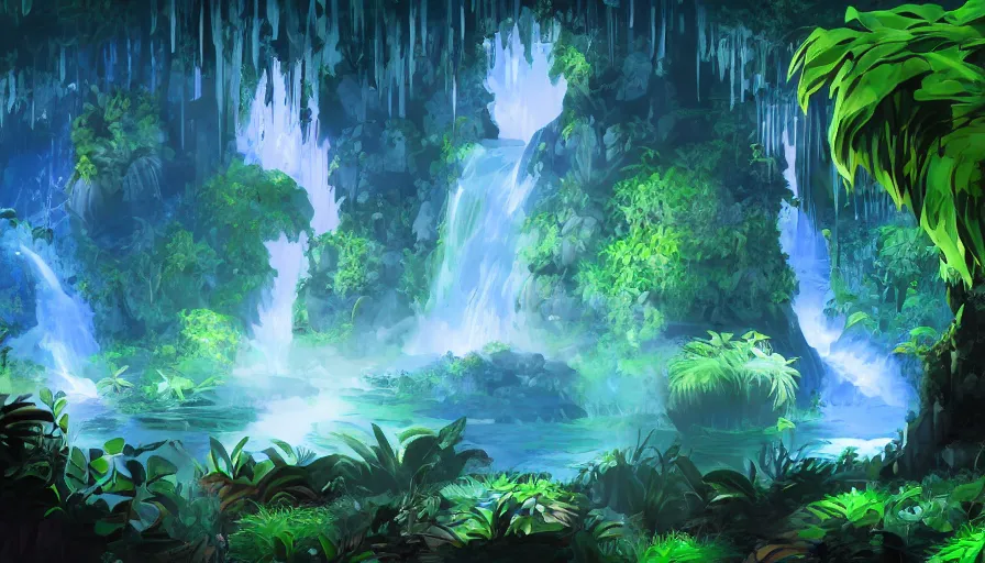 Image similar to concept art of underground jungle cave with waterfalls, luminescent plants, colorful, high detailed