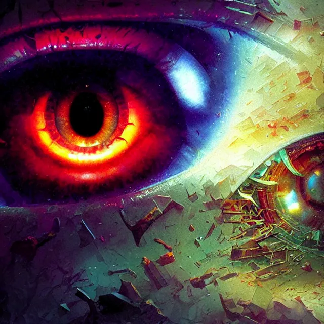 Image similar to microscopic view of the human eye, fantasy landscape is seen inside the iris of the eye, illuminati eye, colorful, sharp and focus, ultra detailed, beautifully lit, in the art style of marc simonetti and john harris
