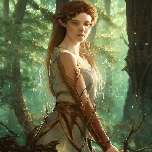 Image similar to portrait of a proud elf, her hair is copper, she is a wood elf, shade and sparkles, trees and leave are surrounding her, calm piece, masterpiece, oil on canvas, art by Greg Rutkowski and Karakter, trending on artstation, delicate, sharp focus, 4k, digital art