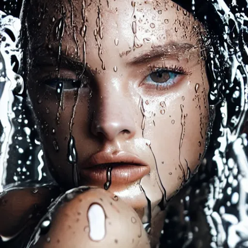 Image similar to close up of face of a wet fashion model in luxury dress, heavy rain, dramatic lighting, official dior editorial, highly detailed