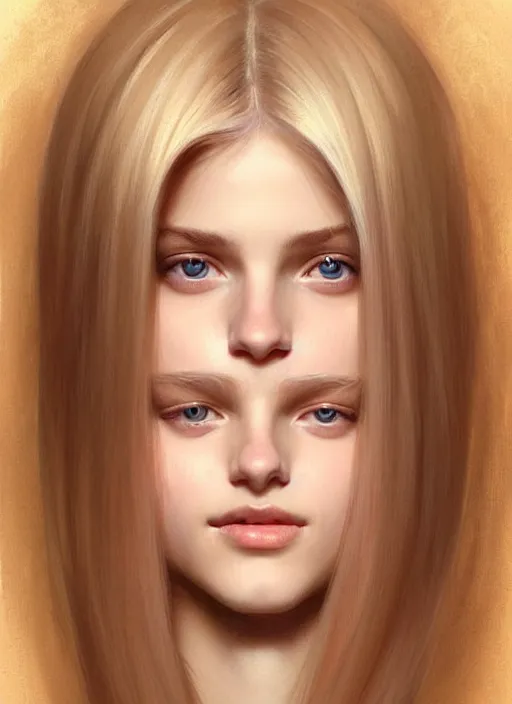 Image similar to beautiful feminine face! portrait of young woman blessed by god with ever - increasing physical mental perfection, blonde, symmetrical! intricate, elegant features, highly detailed, holy perfection!! smile, digital painting, artstation, concept art, smooth, sharp focus, illustration, art by artgerm and greg rutkowski and alphonse mucha