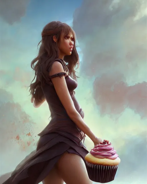 Image similar to jessica alba as ( girl as personification of chocolate cupcake ), fantasy bakery, digital painting by greg rutkowski, artgerm, krenz cushart, laurie greasly, wlop, intricate, highly detailed!!, sharp focus, smooth, epic composition, joyful, unreal engine, masterpiece, 8 k