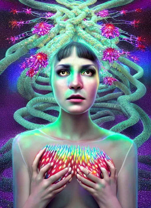 Image similar to hyper detailed 3d render like a Oil painting - Aurora (evocative cyberpunk and oil rainbow faced Singer) seen Eating of the Strangling network of milky Fruit and Her delicate Hands hold of gossamer polyp blossoms bring iridescent fungal flowers whose spores black out the foolish stars by Jacek Yerka, Mariusz Lewandowski, Houdini algorithmic generative render, Abstract brush strokes, Masterpiece, Edward Hopper and James Gilleard, Zdzislaw Beksinski, Mark Ryden, Wolfgang Lettl, hints of Yayoi Kasuma, octane render, 8k