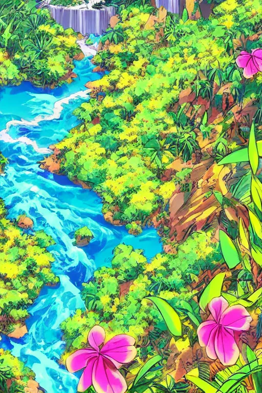 Image similar to landscape of an anime style with tropical flowers and waterfalls neon colors, bird eye view, bove rule of thirds golden ratio, fake detail, trending pixiv fanbox art by todd mcfarlane