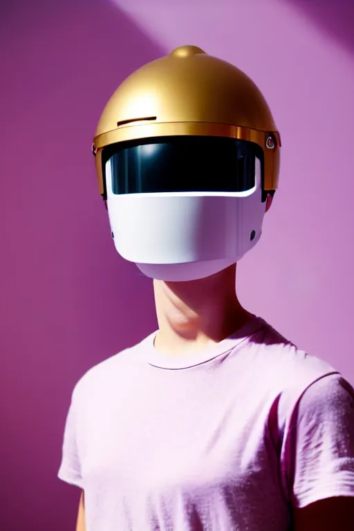 Image similar to a high definition film photograph of a normal androgynous robot human wearing a plain white t - shirt, in a pastel pink room. happy. metal visor covering eyes. metallic shiny gold coloured helmet. crushed shadows.