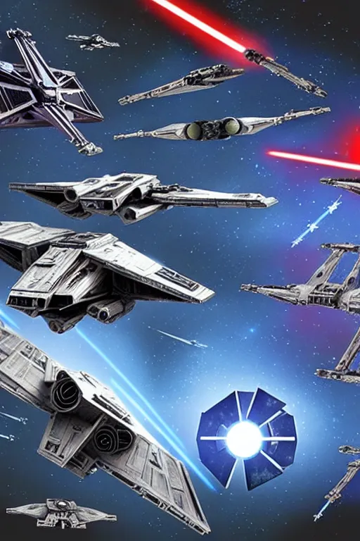 Prompt: starwars space battle, tie fighter, x-wing, star destroyer, Death Star