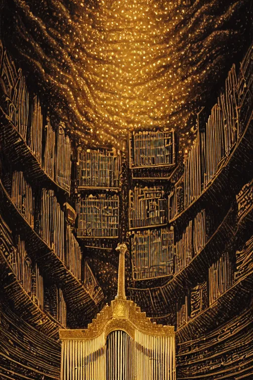 Image similar to illustration of close low angle view of an pipe organ made of books with gold spidery embellishments, night, smoke, ground fog, by vincent di fate, large depth of field, super detailed, digital art, trending on artstation, ornate