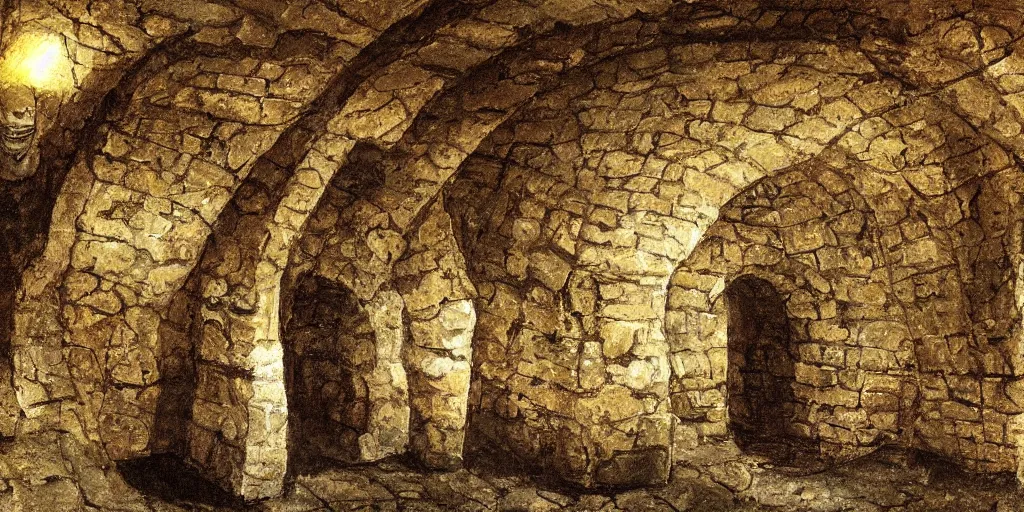 Prompt: ancient underground medieval lair, art, high detail,