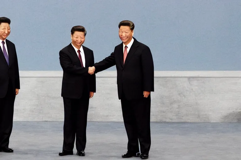 Prompt: xi jinping and arnold schwarzenegger shaking hands