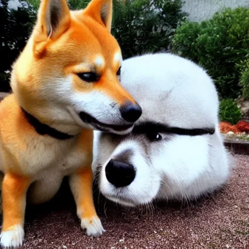 Prompt: Studio Ghibli shiba makes friends with a rock