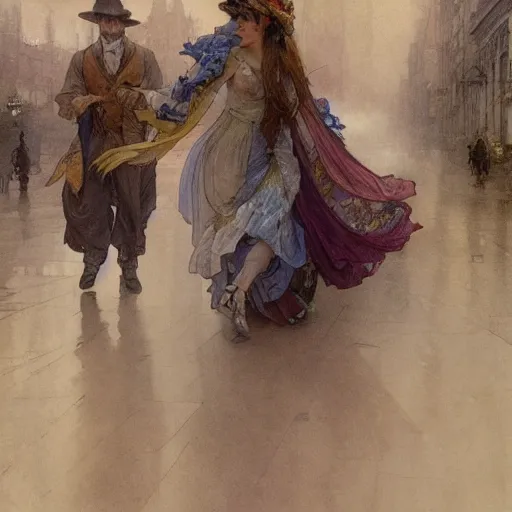 Prompt: a beautifull intricate watercolour painting of a dancing balerinas in the victorian street, reflexions, verry high details by william turner art, greg rutkowski and alphonse mucha, trending on artstation, very very detailed, masterpiece, muted colors